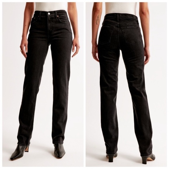 Abercrombie and Fitch 90s Straight Mid Rise Curve Love Jeans Black size 32 / 14 - Picture 1 of 5